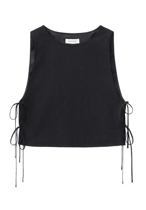 Juoda rankovių neturinti trumpa palaidinė su apvalia iškirpte ir reguliuojamais raišteliais abiejose šonų pusėse.