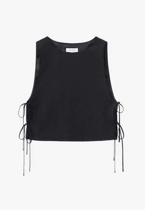 Top corto negro sin mangas con escote redondo y lazos ajustables a los lados, tanto izquierdo como derecho.