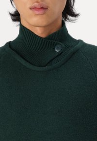 Grüner gestrickter Pullover mit hohem Kragen, der eine gerippte Textur aufweist und einen einzelnen dunklen Knopfakzent an der Seite des Kragens hat.