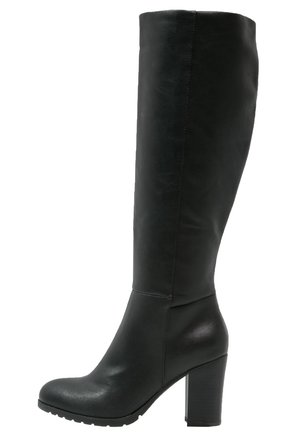 Knee-high black leather boot with a smooth texture, rounded toe, and a chunky high heel. Features a sleek design without embellishments.