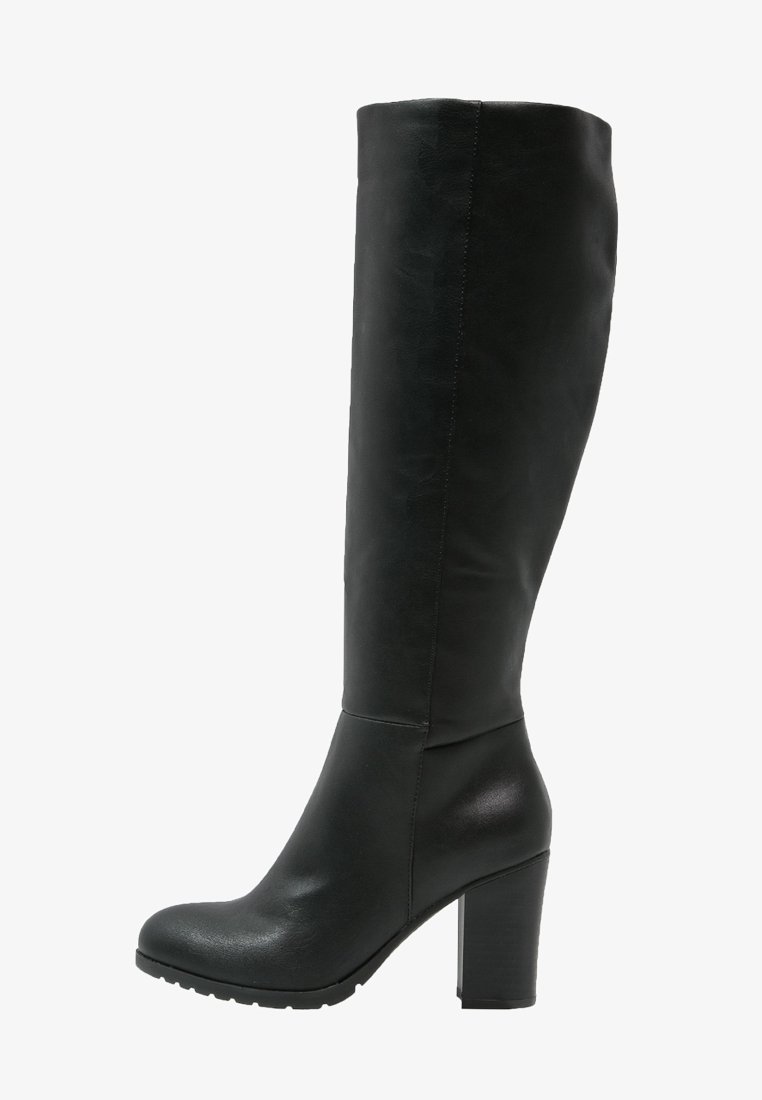 Knee-high black leather boot with a smooth texture, rounded toe, and a chunky high heel. Features a sleek design without embellishments.