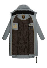 Manteau gris rembourré avec une doublure noire, des accents jaunes et plusieurs poches intérieures. Il possède une capuche et une fermeture éclair avec des poignets côtelés.