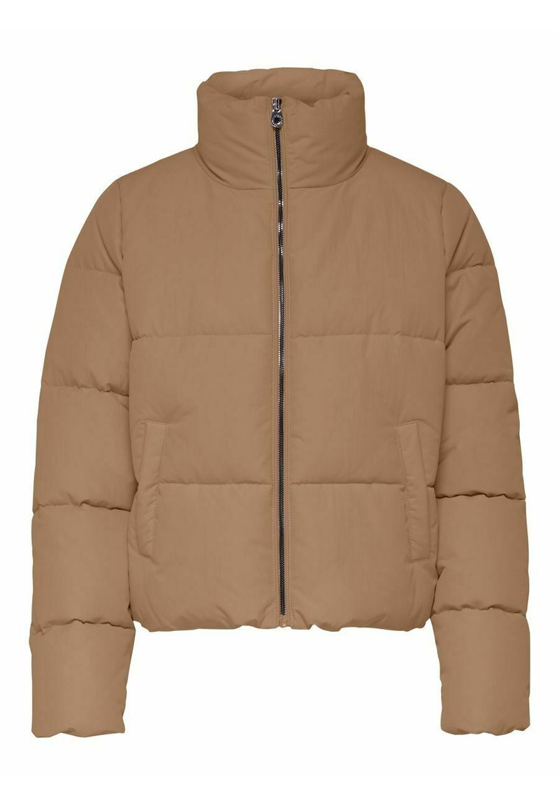 Chaqueta acolchada marrón con un alto collar, cierre frontal con cremallera, acolchado horizontal y bolsillos laterales. Acabado suave y liso.