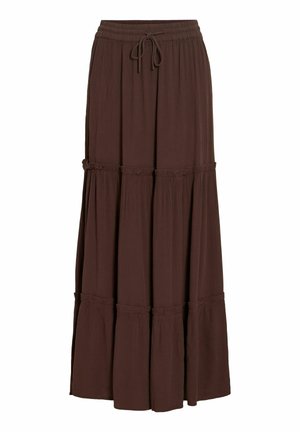 Jupe longue marron foncé à volants avec taille élastique et cordon de serrage, tissu léger, coupe ample et motif texturé subtil.