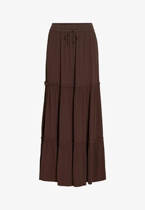 Jupe longue marron foncé à volants avec taille élastique et cordon de serrage, tissu léger, coupe ample et motif texturé subtil.