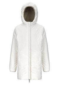 Giacca invernale bianca imbottita con cappuccio, zip frontale, tasche laterali e polsini elasticizzati, progettata per il freddo.