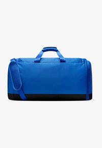 Blue duffel bag with a durable fabric, black base, two top handles, and a side mesh pocket for storage. Zippered closure across the top.