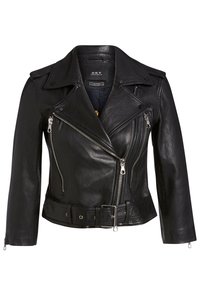 Veste de motard en cuir noir avec fermeture éclair asymétrique à l'avant, poches latérales zippées, larges revers et taille cintrée avec ceinture.