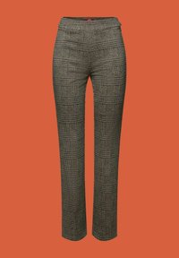 Pantalon taille haute, coupe droite, avec motif à carreaux noir et blanc sur fond orange.
