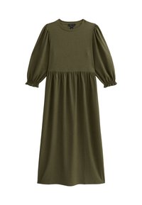 Robe vert olive en tissu texturé, avec un col rond, de longues manches bouffantes à poignets élastiques, et un corsage ajusté avec une jupe froncée.