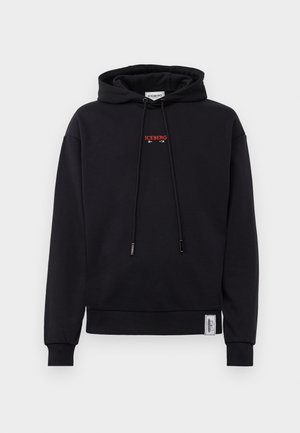 Black hoodie made of soft fabric featuring a small red "ICEBERG 1974" logo on the chest and ribbed cuffs and hem. Plain design.