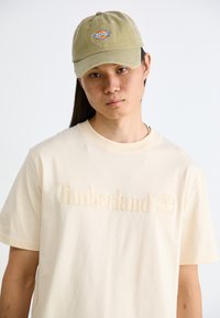 Krämfärgad bomullströja med broderad "Timberland"-logotyp och trädemblem. Matchad med en ljusgrön keps med en cirkulär patch.