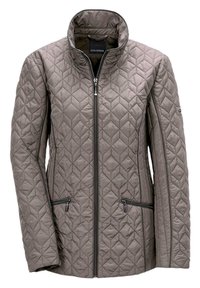 Quilted gray jacket with a high collar, featuring zippered front pockets, a full front zipper, and diamond-patterned texture.
