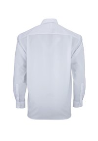 Witte blouse met lange mouwen, met knoopsluiting en een gladde textuur, klassieke snit met een afgeronde schouderpartij, voorzien van manchetten met één knoop en een strakke achterzijde.