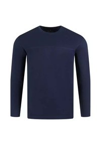 Granatowa koszulka z długim rękawem, wykonana z miękkiego materiału, z okrągłym dekoltem i regularnym fasonem, z przeszyciami z przodu.