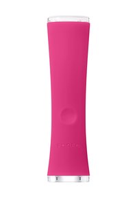 Pink silicone beauty device with a smooth, tapered design, transparent top, and raised button; features a logo embossed on the surface.