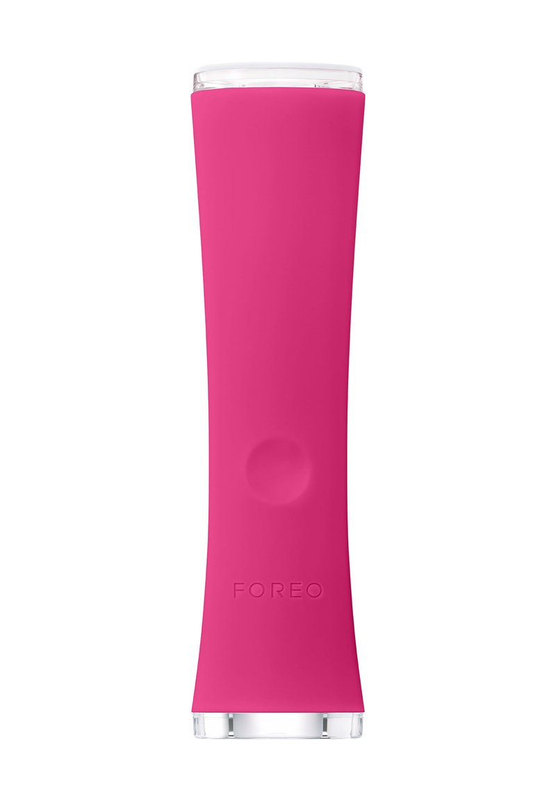 Pink silicone beauty device with a smooth, tapered design, transparent top, and raised button; features a logo embossed on the surface.
