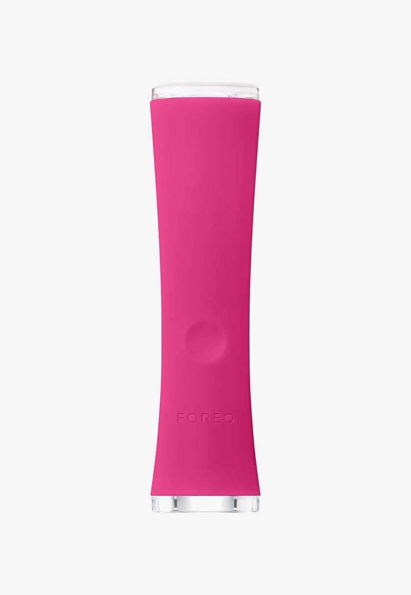 Pink silicone beauty device with a smooth, tapered design, transparent top, and raised button; features a logo embossed on the surface.
