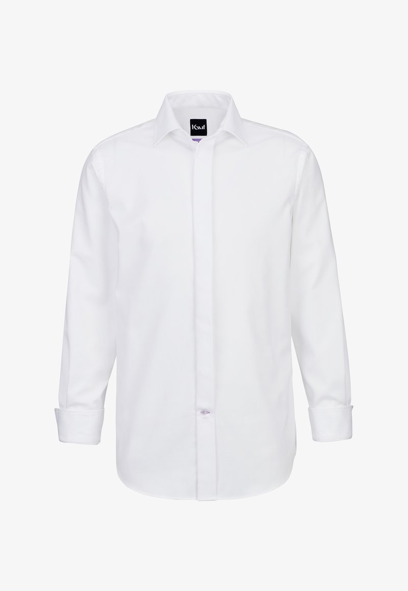 Camicia bianca a maniche lunghe in cotone con colletto strutturato, design semplice e chiusura frontale con bottoni. I polsini hanno dettagli con bottoni.