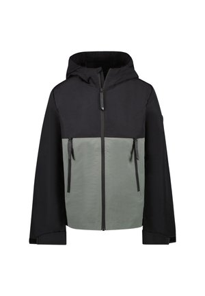 Hooded jacket with a black upper section and a light gray lower section. Features zippered pockets and a smooth, lightweight fabric.