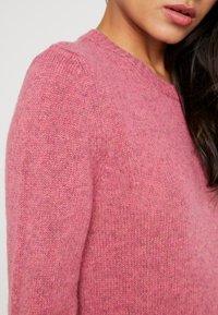 Maglione rosa in lana con scollo rotondo, bordo a coste e tessuto morbido e strutturato. Presenta un design aderente con maniche raglan.