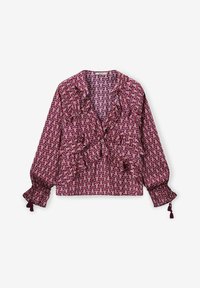 Langarmbluse mit Rüschendetails, tiefem V-Ausschnitt und Quasten an den Ärmeln, ausgestattet mit einem lila und pinkfarbenen floralen geometrischen Muster.