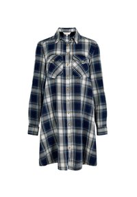 Granatowa i szara koszulowa sukienka w kratę z miękkiego materiału, z długimi rękawami, dwiema kieszeniami na piersiach i zapięciem na guziki.