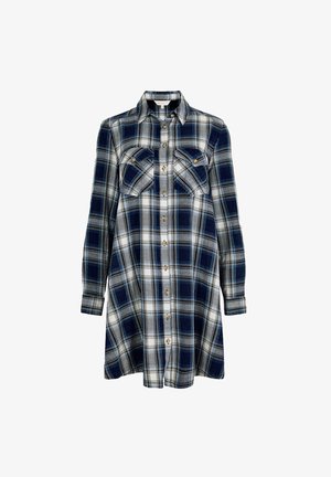 Granatowa i szara koszulowa sukienka w kratę z miękkiego materiału, z długimi rękawami, dwiema kieszeniami na piersiach i zapięciem na guziki.