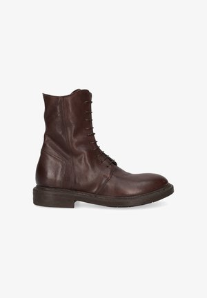 Brown leather lace-up ankle boot with a rounded toe, ribbed texture, and a low stacked heel. Features reinforced stitching and a sleek silhouette.
