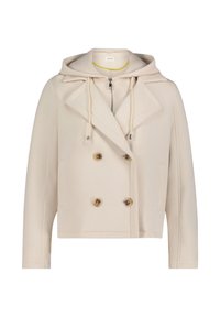 Cremefarbige Jacke mit Kapuze, zweireihigem Design, großen Knöpfen und Reißverschluss. Verfügt über einen strukturierten Kragen und Seitentaschen.