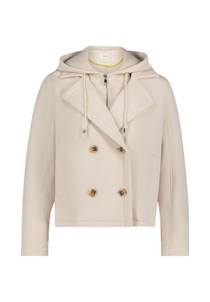 Cremefarbige Jacke mit Kapuze, zweireihigem Design, großen Knöpfen und Reißverschluss. Verfügt über einen strukturierten Kragen und Seitentaschen.