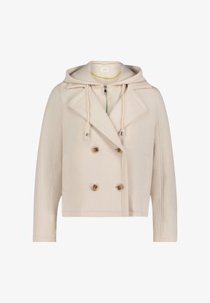 Cremefarbige Jacke mit Kapuze, zweireihigem Design, großen Knöpfen und Reißverschluss. Verfügt über einen strukturierten Kragen und Seitentaschen.