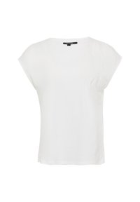 White short-sleeve top with a v-neckline, featuring a textured floral detail on the left shoulder. Made from a soft, lightweight material.