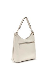 Borsa a tracolla in pelle beige chiaro con una struttura morbida, una sola tracolla e una tasca frontale con zip e un accento metallico.