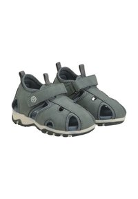 Grå öppna sandaler för småbarn tillverkade av mjukt mockaskinn, med justerbara remmar, utskärningar och en gummisula för bra grepp.