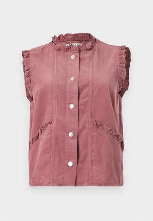 Mouwloos corduroy vest in stofroze met gerimpelde randen, drukknoopsluiting aan de voorkant en schuine zakken met ruches.