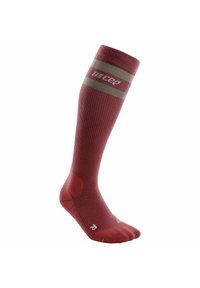 Calze a compressione in bordeaux con un design a coste, strisce grigie a contrasto, punta rinforzata e supporto per l'arco.