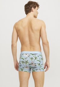  Herren-Boxershorts mit einem hellblauen Grundton, ausgestattet mit einem tropischen Palm- und Blumenmuster sowie einem elastischen Bund mit Markenlogo.