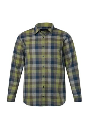 Camicia a maniche lunghe a scacchi nelle tonalità di verde, blu navy e grigio, con colletto button-down e taschino sul petto, realizzata in tessuto di cotone intrecciato.