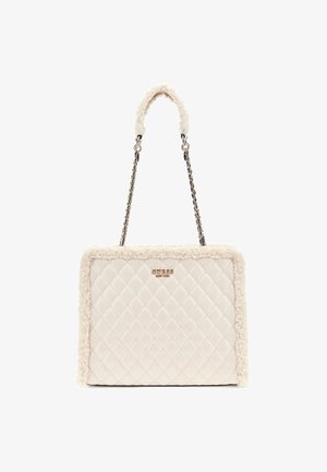 Borsa a tracolla bianca trapuntata con rifinitura texturizzata e soffice, e doppie cinghie a catena. Presenta un accento con logo dorato sul fronte.
