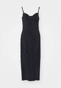 Robe noire sans manches avec un corsage ajusté, une silhouette droite et une légère texture. Présente des bretelles fines ajustables et un ourlet long.