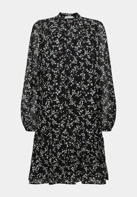 Robe noire transparente avec motif floral blanc, manches longues, col boutonné et ourlet à volants à étages. Tissu léger avec une coupe fluide.