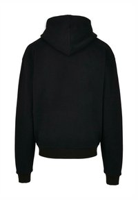 Felpa con cappuccio nera, in cotone, vestibilità comoda, polsini e orlo a costine, design pulito, senza motivi o grafiche. Vista posteriore.