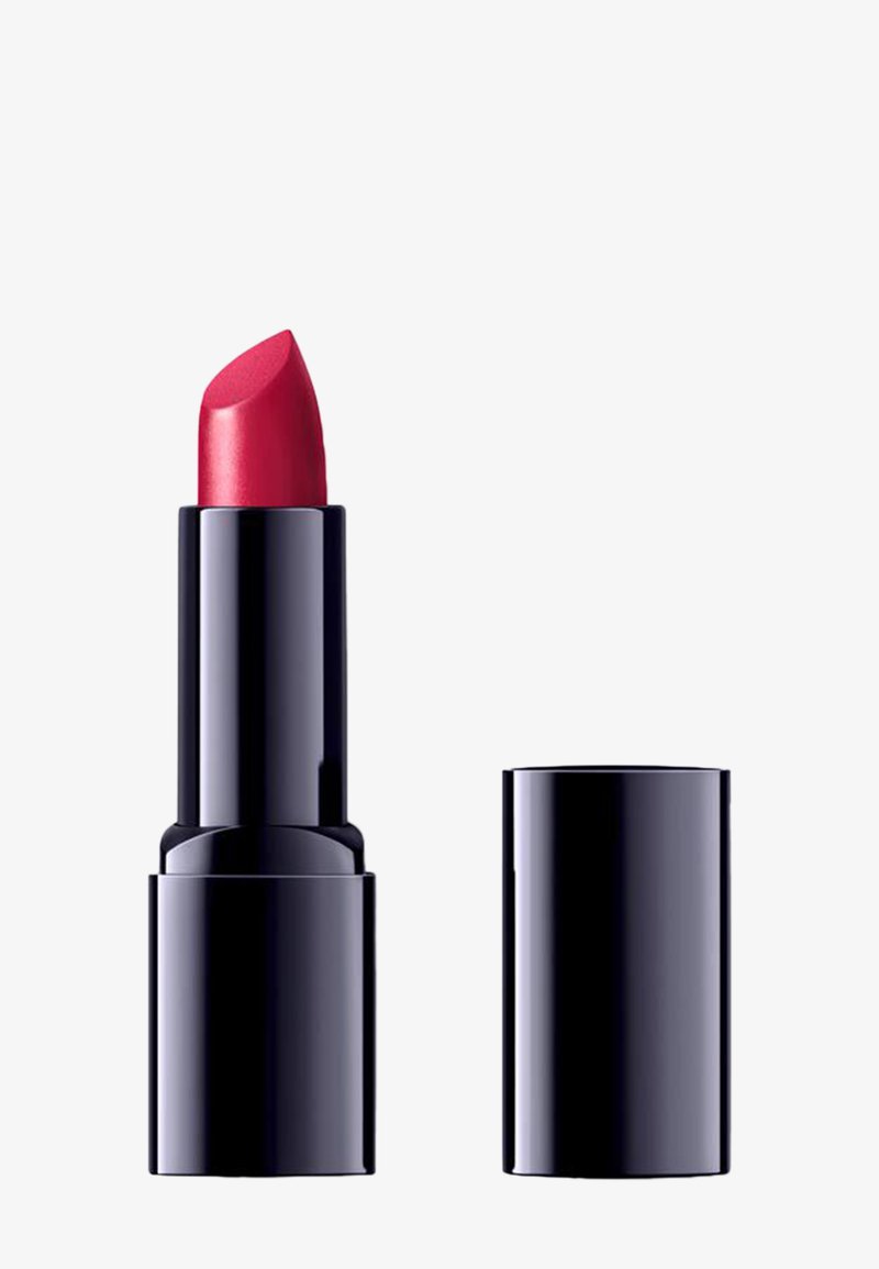 Bright red lipstick with black glossy tube and separate black cap on a white background.