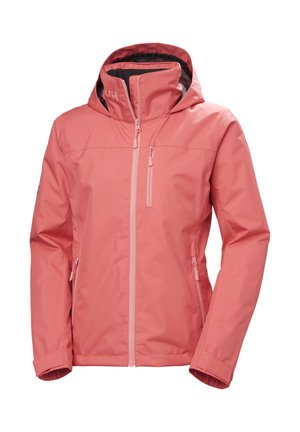Women's coral pink waterproof hooded jacket with full front zipper and three zippered pockets, including one chest pocket.