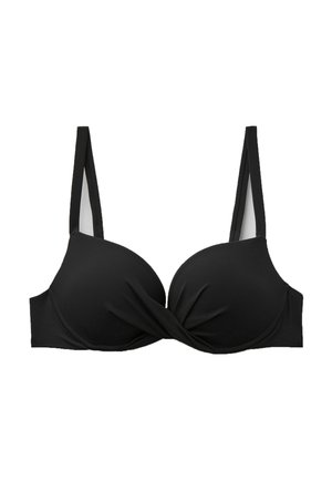 Sujetador negro acolchado con tirantes ajustables y un detalle de tela retorcida en el centro delantero, sobre un fondo blanco.