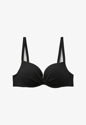 Sujetador negro acolchado con tirantes ajustables y un detalle de tela retorcida en el centro delantero, sobre un fondo blanco.