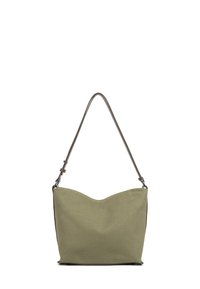 Borsa a spalla verde in tela con una parte superiore a forma di onda, una singola tracolla regolabile e una consistenza liscia. Design minimalista senza hardware visibile.