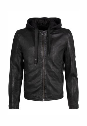 Zwart leren jack met een rits aan de voorkant, twee zijzakken, een gestructureerde afwerking en een afneembare zwarte capuchon met trekkoorden.