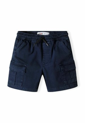 Shorts cargo bleu marine en coton, dotés d'une taille élastique, d'un cordon de serrage, de deux poches latérales et de deux poches cargo avec rabat.